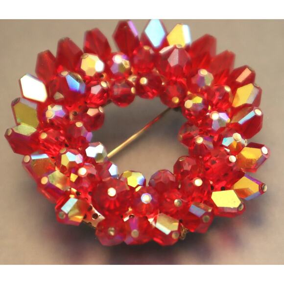 Miriam Haskell Signed Red AB Crystals Brooch Vintage Pin - Picture 3 of 8
